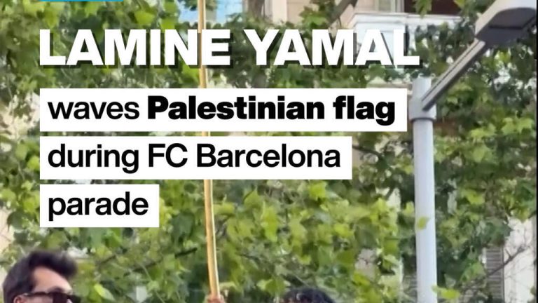 Barca striker Yamal waves Palestinian flag during La Liga celebrations